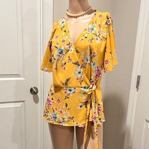Shinestar Yellow Floral Wrap Blouse